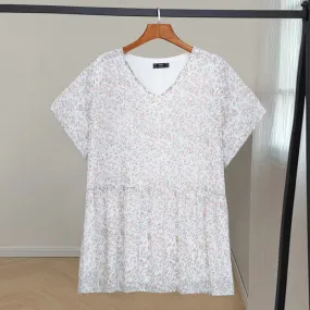 (4XL-10XL) Plus Size Ditsy Floral V Neck Short Sleeve Top (EXTRA BIG SIZE)