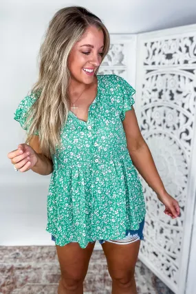 Flirty and Thriving Floral Flutter Sleeve Top in Green