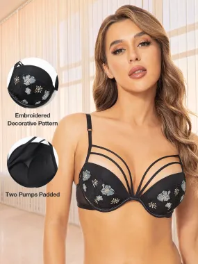 Floral Lace Embroidery Push Up Bra Black