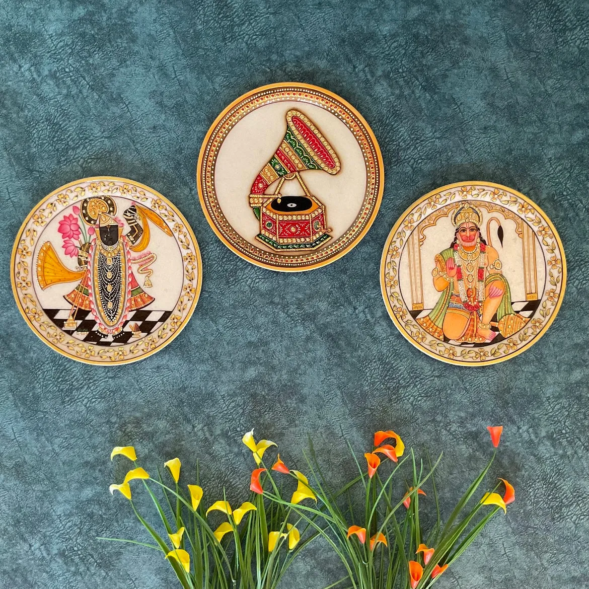 Hanumanji, Shrinathji & Gramophone Marble Plates - Wall Hanging - Decorative Round Marble Plate