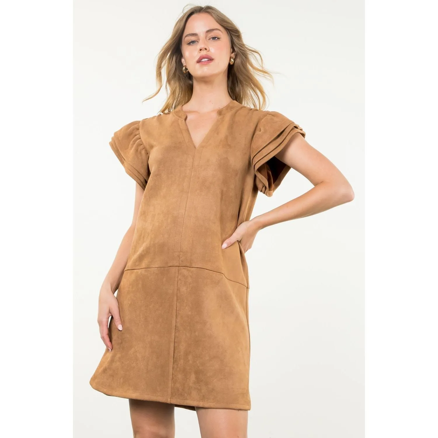 Leah Flutter Sleeve Suede Midi THML Dress