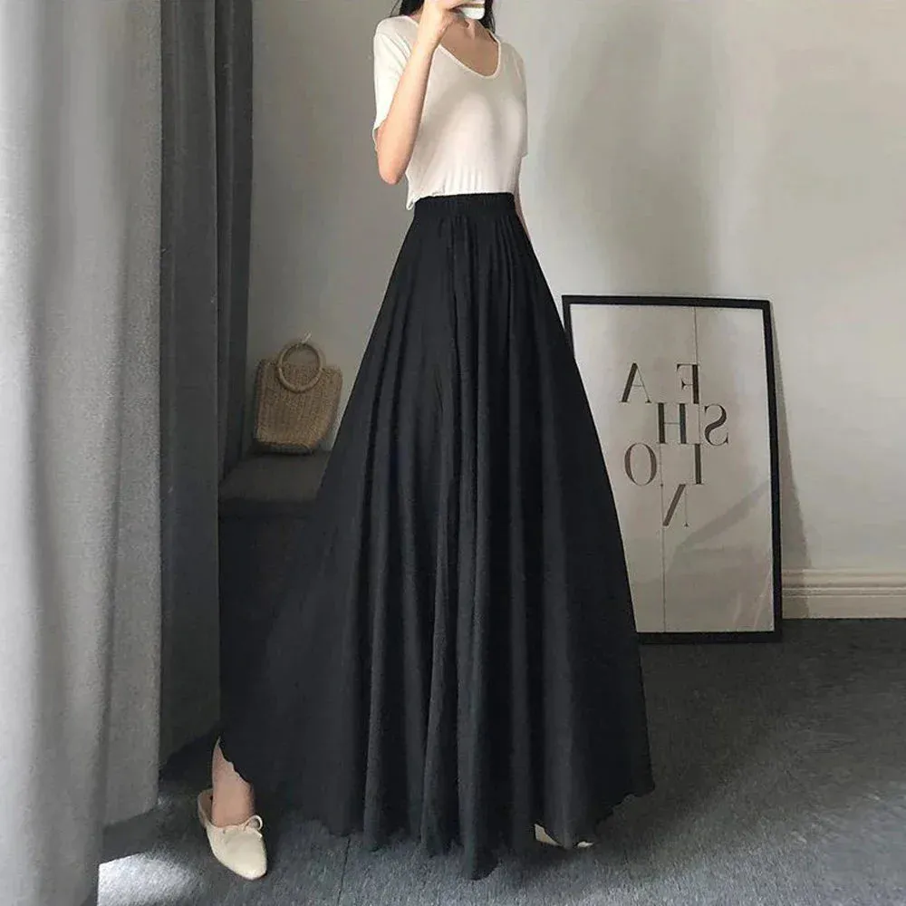 Lolita Cute A line Sun Skirt Girl's Kawaii Black White Pink Green Soft Midi Skirts Women Pleated Elastic Waist Skirt X-G-Xinde