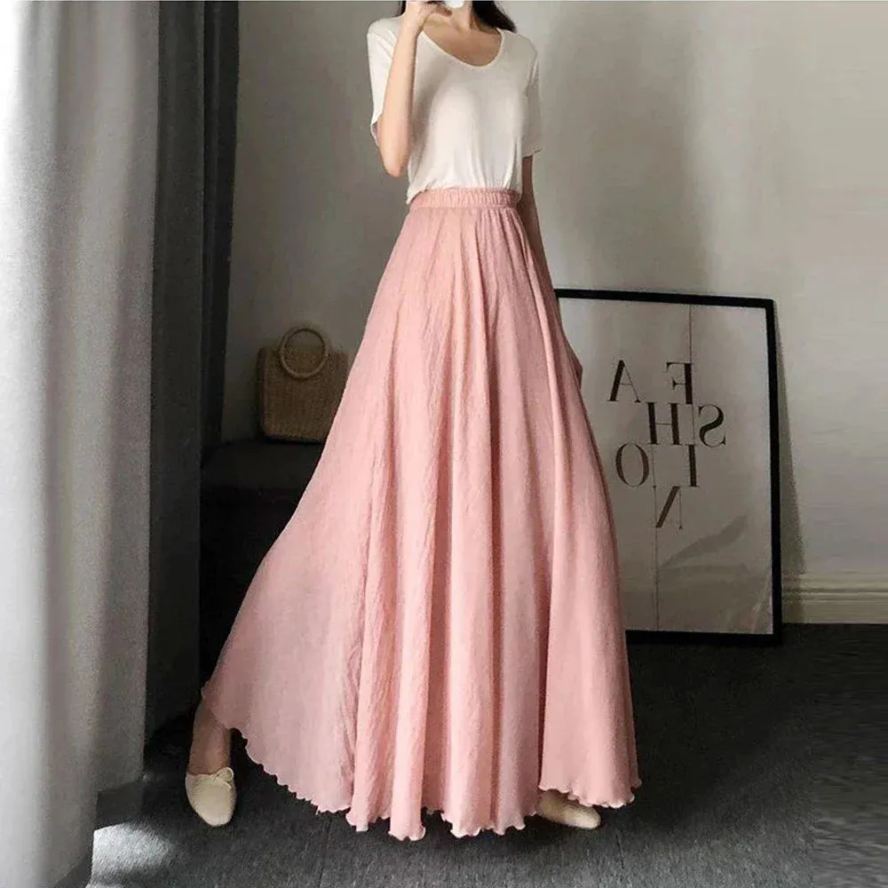 Lolita Cute A line Sun Skirt Girl's Kawaii Black White Pink Green Soft Midi Skirts Women Pleated Elastic Waist Skirt X-G-Xinde