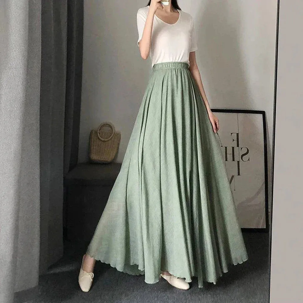 Lolita Cute A line Sun Skirt Girl's Kawaii Black White Pink Green Soft Midi Skirts Women Pleated Elastic Waist Skirt X-G-Xinde