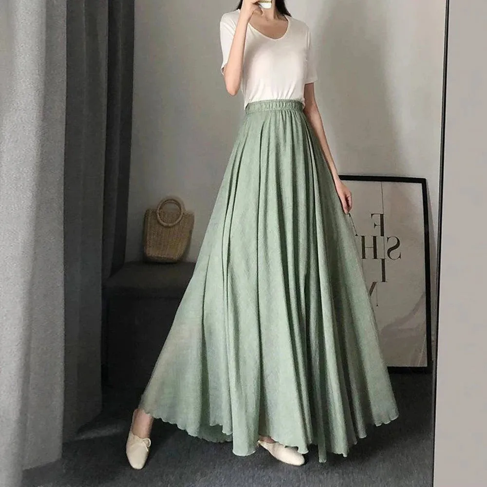 Lolita Cute A line Sun Skirt Girl's Kawaii Black White Pink Green Soft Midi Skirts Women Pleated Elastic Waist Skirt X-G-Xinde