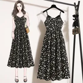 Plus Size Korean Black Ditsy Floral Cami Dress