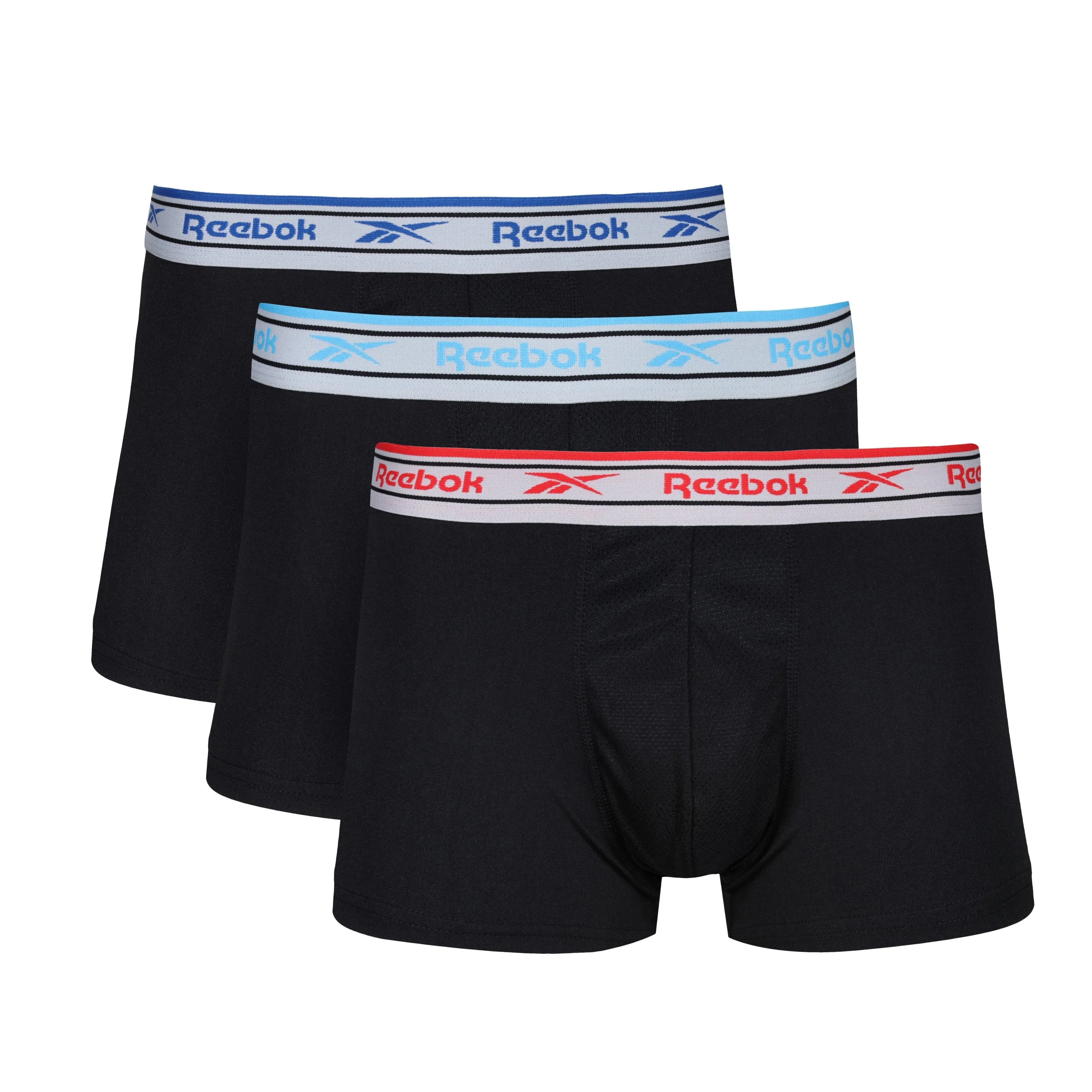 Reebok Mens Performance 3 Pack Jaden Short Sport Trunks - Blue/Red/Aqua Waistbands