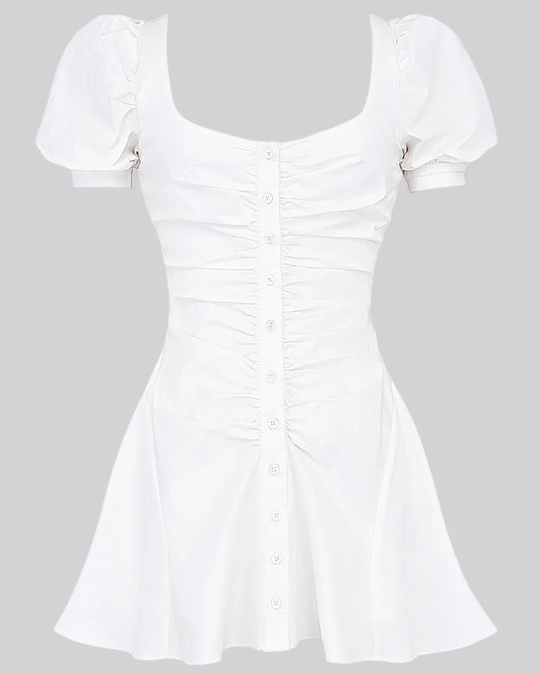 Square Neck Buttons Up Front Pleated Short Sleeves White Mini Dress