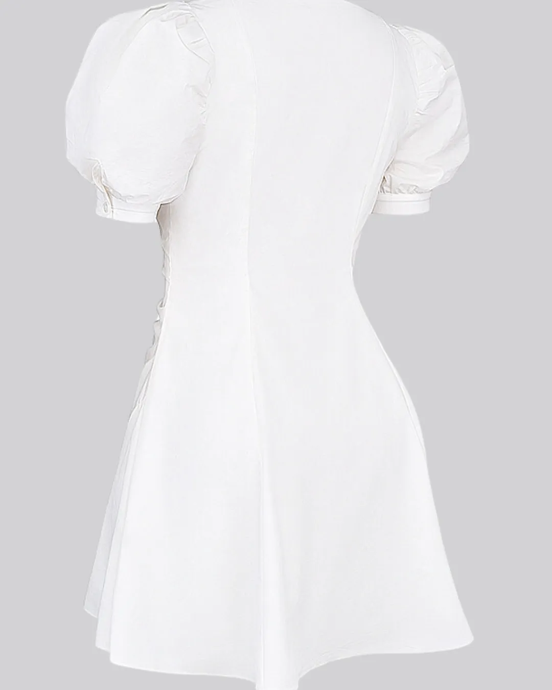 Square Neck Buttons Up Front Pleated Short Sleeves White Mini Dress