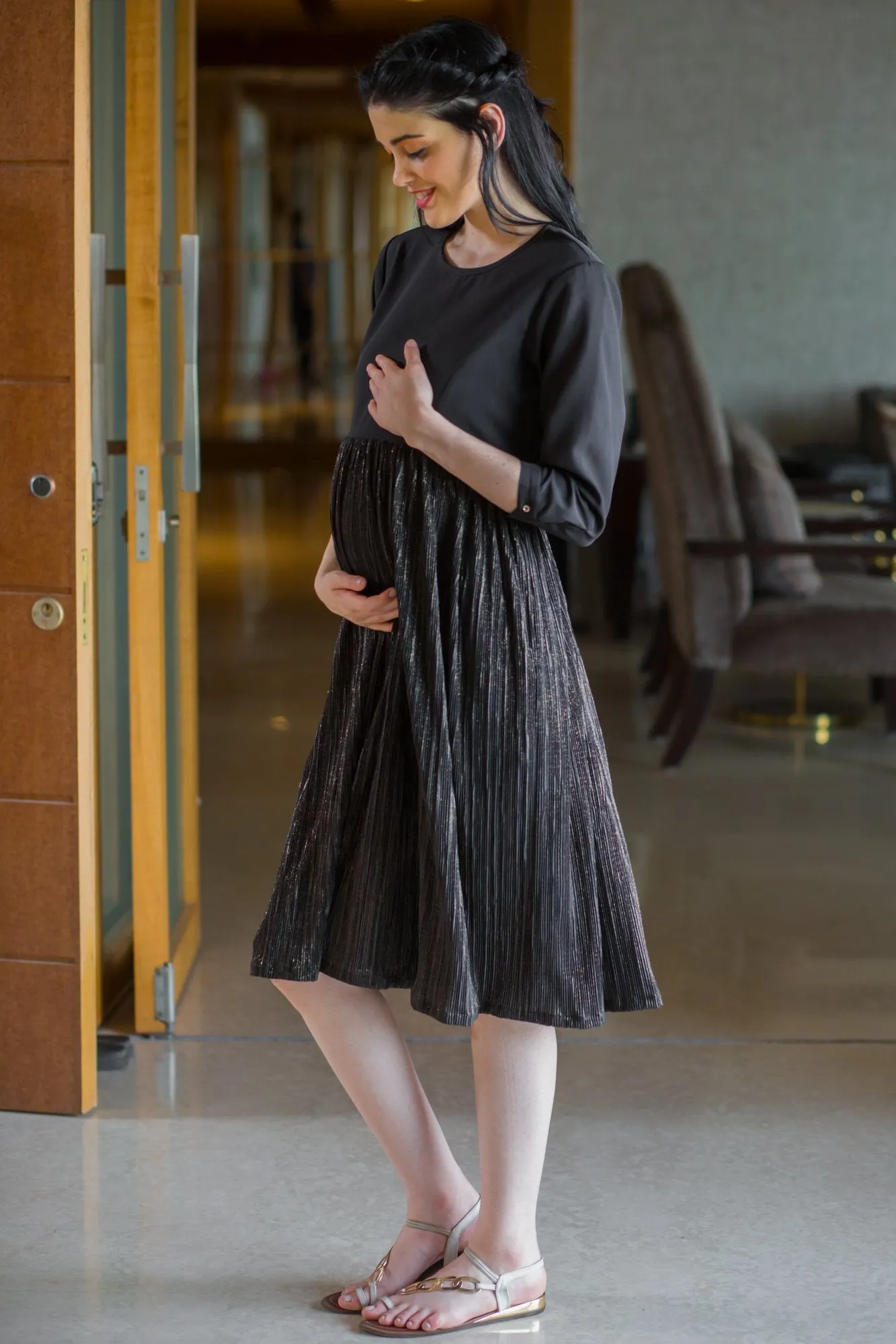 Stylish Black Shimmer Maternity Dress