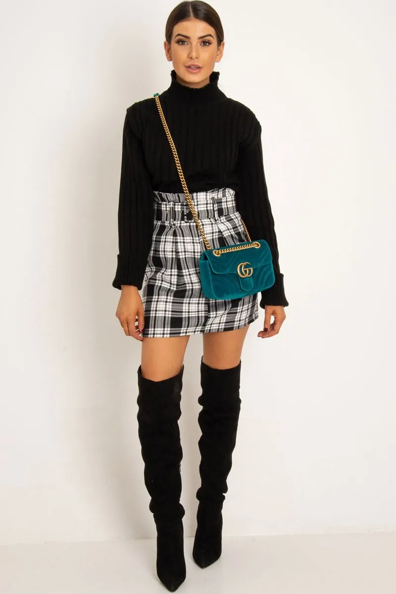 White Black Check Belted Pleated Mini Skirt - Danyka