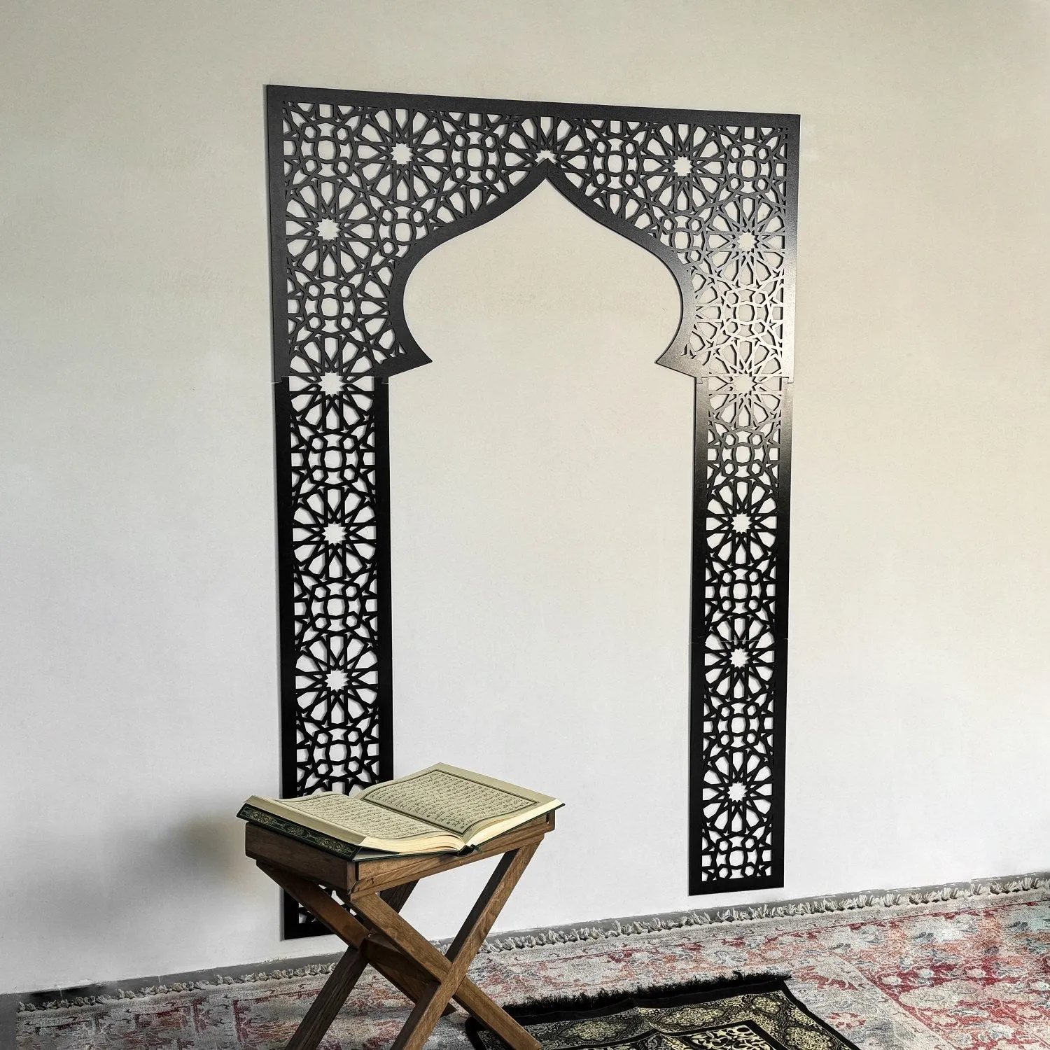 Wooden Mihrab, Allah & Muhammad Calligraphy, Surah Baqarah Ayat 144 Islamic Wall Art Set