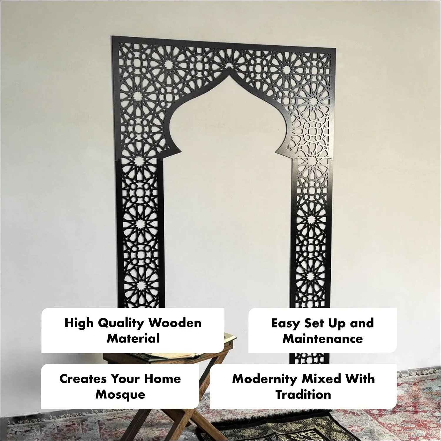 Wooden Mihrab, Allah & Muhammad Calligraphy, Surah Baqarah Ayat 144 Islamic Wall Art Set